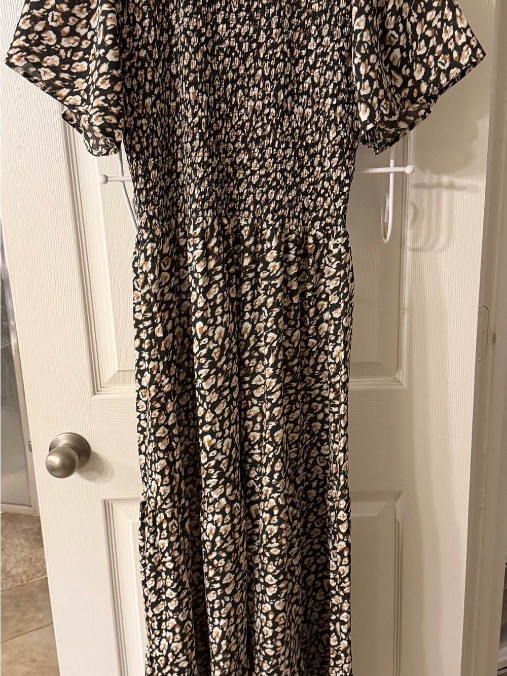 Pretty Garden Smocked Waist Floral Print Maxi Dress in Black and Cream